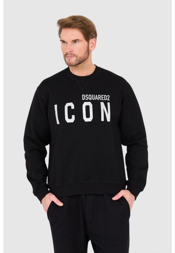 DSQUARED2 Czarna bluza męska z dużym srebrnym błyszczącym logo icon, Rozmiar XXL. Kolor: czarny