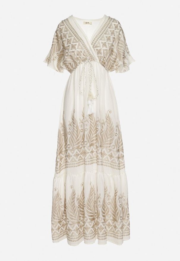 Born2be - Biała Kopertowa Sukienka z Wiskozy Ozdobiona Frędzlami Redare. Okazja: na co dzień. Typ kołnierza: dekolt w serek. Kolor: biały. Materiał: wiskoza. Wzór: aplikacja. Typ sukienki: kopertowe. Styl: casual, klasyczny, boho