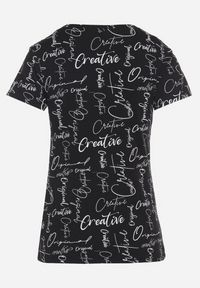 Born2be - Czarny T-shirt z Bawełny Zdobiony Nadrukiem z Napisami Mirindela. Okazja: na co dzień. Kolor: czarny. Materiał: bawełna. Wzór: napisy, aplikacja, nadruk. Styl: klasyczny, elegancki, casual #7