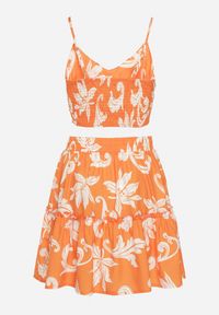 Born2be - Pomarańczowo-Biały Komplet Krótki Top na Ramiączkach Spódnica w Kwiaty Tiamaly. Kolor: pomarańczowy. Materiał: tkanina. Wzór: kwiaty #7
