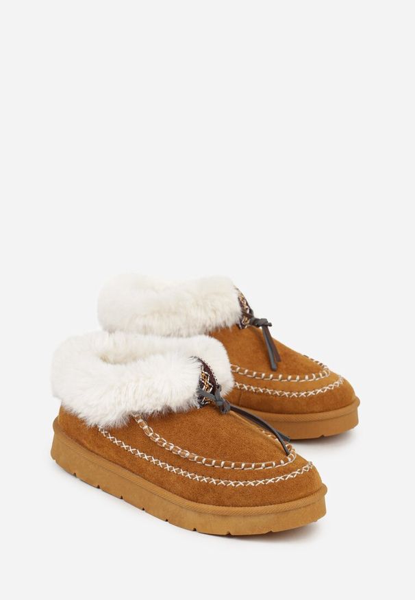 Born2be - Brązowe Śniegowce na Grubej Podeszwie z Futerkiem i Przeszciami Linafra. Okazja: na co dzień. Kolor: brązowy. Materiał: futro. Styl: casual, elegancki