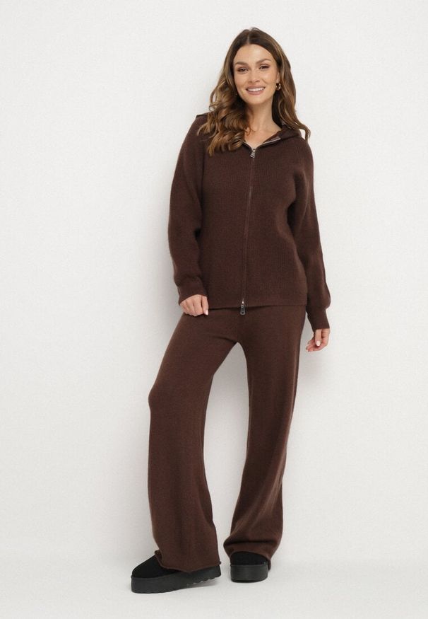 Born2be - Brązowy Komplet z Wełną i Bawełną Szerokie Spodnie i Rozpinana Bluzka z Kapturem Reikania. Kolor: brązowy. Materiał: wełna, bawełna