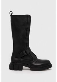 TOMMY HILFIGER - Tommy Hilfiger kozaki skórzane COOL MONOCHROMATIC BIKERBOOT damskie kolor czarny na płaskim obcasie FW0FW07338. Zapięcie: sznurówki. Kolor: czarny. Materiał: skóra. Szerokość cholewki: normalna. Obcas: na obcasie. Wysokość obcasa: niski #1