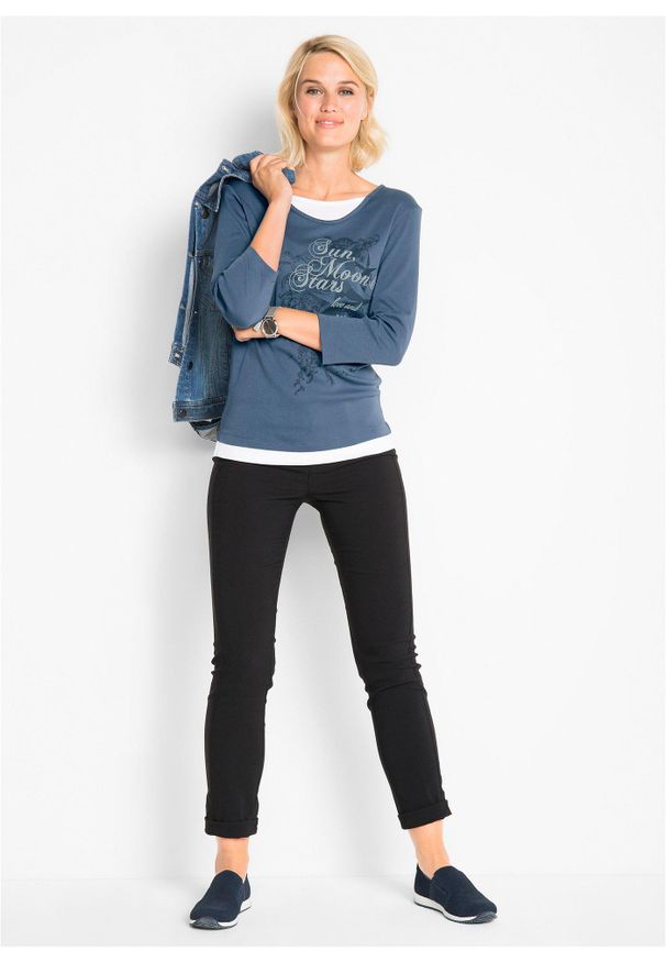 bonprix - Shirt 2 w 1, rękawy 3/4. Kolor: niebieski. Materiał: bawełna. Wzór: nadruk