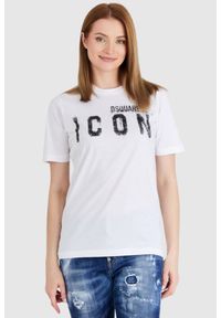 DSQUARED2 Biały t-shirt damski icon spray, Rozmiar M. Kolor: biały. Materiał: prążkowany, bawełna. Wzór: nadruk