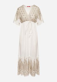 Born2be - Biała Wiskozowa Sukienka z Kopertowym Dekoltem i Haftem z Metaliczną Nicią Emhiris. Okazja: na co dzień. Kolor: biały. Materiał: wiskoza. Długość rękawa: krótki rękaw. Wzór: haft. Typ sukienki: kopertowe. Styl: casual, klasyczny #7