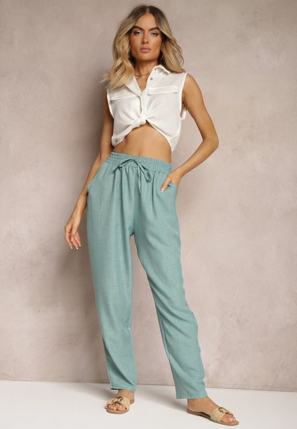 Renee - Miętowe Spodnie z Troczkiem w Pasie i Kieszeniami Ufalia. Okazja: na co dzień. Kolor: miętowy. Materiał: materiał. Styl: elegancki, casual