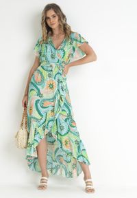 Born2be - Zielona Bawełniana Sukienka Maxi z Kopertowym Dekoltem i Materiałowym Paskiem Nadalynn. Kolor: zielony. Materiał: bawełna, materiał. Sezon: wiosna, lato. Typ sukienki: kopertowe. Długość: maxi #1