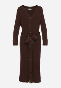 Born2be - Brązowa Sukienka na Guziki z Prążkowanej Dzianiny z Dodatkiem Wełny Nalisea. Okazja: na co dzień. Typ kołnierza: dekolt w serek. Kolor: brązowy. Materiał: dzianina, prążkowany, wełna. Długość rękawa: długi rękaw. Typ sukienki: proste. Styl: casual, klasyczny #5
