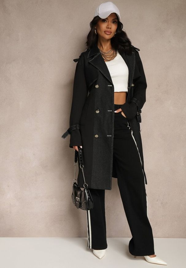 Renee - Czarny Płaszcz z Bawełną Typu Trencz z Jeansowymi Wstawkami Felsedi. Okazja: na co dzień. Kolor: czarny. Materiał: jeans, bawełna. Styl: elegancki, casual, klasyczny
