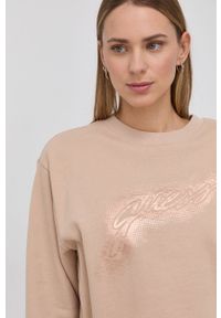 Guess Bluza bawełniana damska kolor beżowy z nadrukiem. Kolor: beżowy. Materiał: bawełna. Wzór: nadruk #4