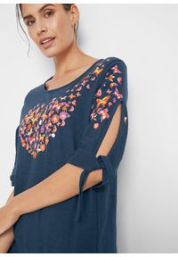 bonprix - Shirt bawełniany cold-shoulder, krótki rękaw. Kolor: niebieski. Materiał: bawełna. Długość rękawa: krótki rękaw. Długość: krótkie. Wzór: nadruk #3