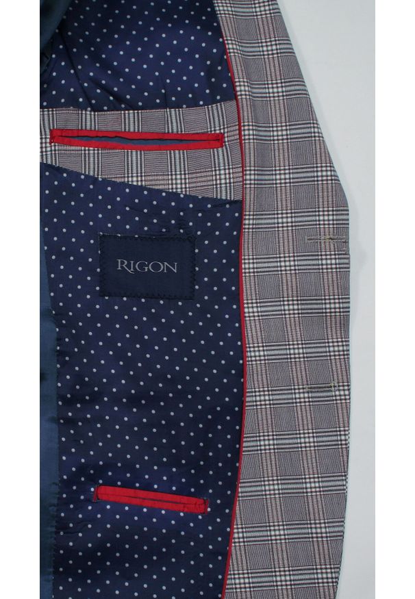 Rigon - Marynarka Casualowa Fioletowa w Kratkę, Taliowana, Dwa Guziki, Dwa Rozcięcia -RIGON. Okazja: na co dzień. Kolor: fioletowy. Materiał: wiskoza, elastan, poliester. Wzór: kratka. Styl: casual