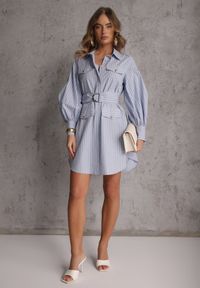 Renee - Niebieska Koszulowa Sukienka z Bawełny z Paskiem w Stylu Soft Utility Effiara. Kolor: niebieski. Materiał: bawełna. Wzór: paski. Typ sukienki: koszulowe #5