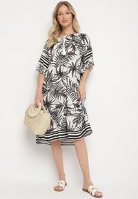 Born2be - Biała Sukienka o Pudełkowym Kroju z Wiązaniem przy Dekolcie w Roślinny Wzór Mirionela. Kolor: biały. Długość rękawa: krótki rękaw #6