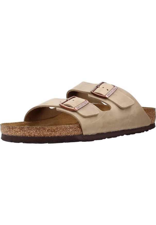 Klapki damskie Birkenstock Arizona. Zapięcie: klamry. Kolor: brązowy. Materiał: materiał. Szerokość cholewki: normalna. Sport: turystyka piesza