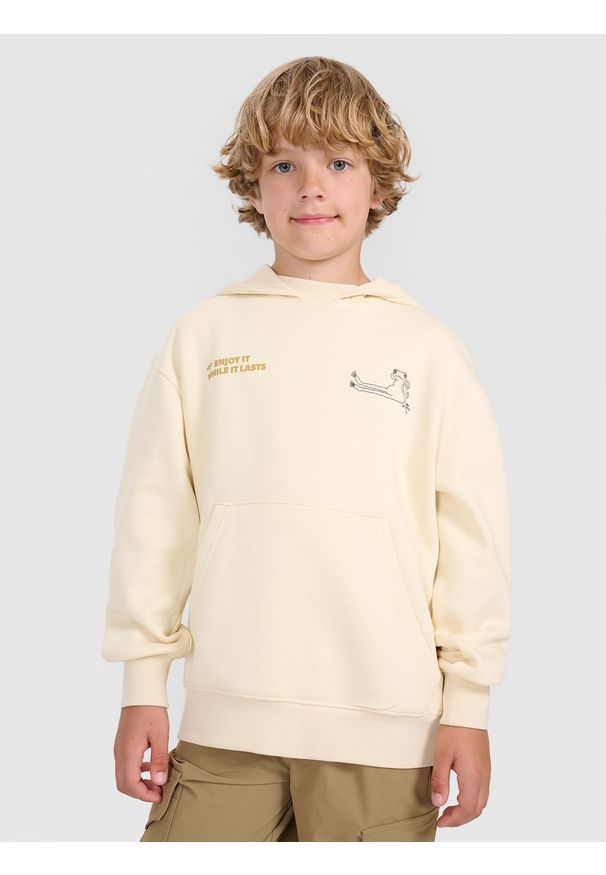4f - 4F Bluza dresowa nierozpinana z kapturem chłopięca - beżowa 128 (7-8 lat). Okazja: na co dzień, na uczelnię. Typ kołnierza: kaptur. Kolor: beżowy. Materiał: dresówka. Sezon: lato. Styl: elegancki, casual, klasyczny, sportowy