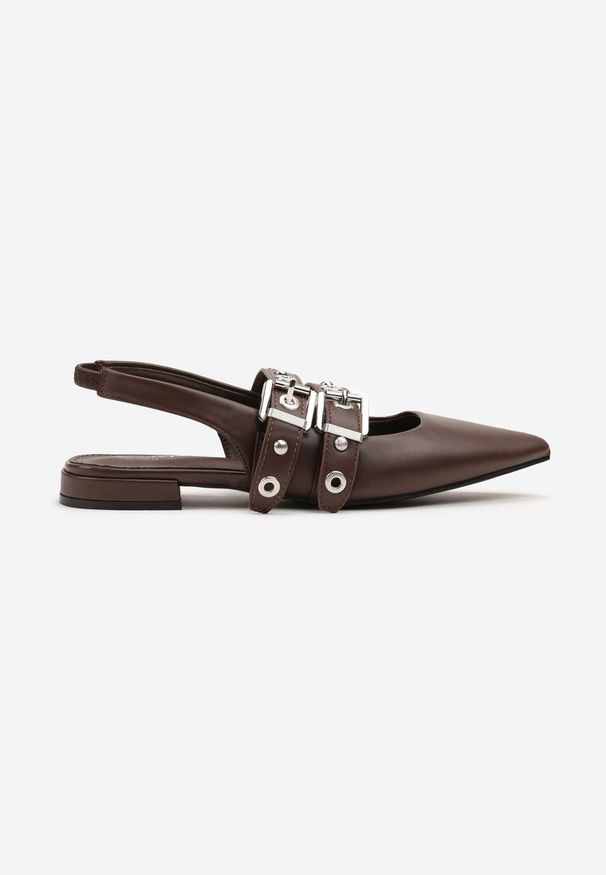 Renee - Brązowe Sandały Typu Slingback Ozdobione Klamrami Selritia. Okazja: na co dzień. Zapięcie: klamry. Kolor: brązowy. Wzór: aplikacja. Styl: casual