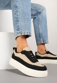 Renee - Czarne Sneakersy na Platformie Ozdobione Plecionką Nilaraviela. Okazja: na co dzień. Kolor: czarny. Materiał: jeans, skóra. Wzór: aplikacja. Obcas: na platformie