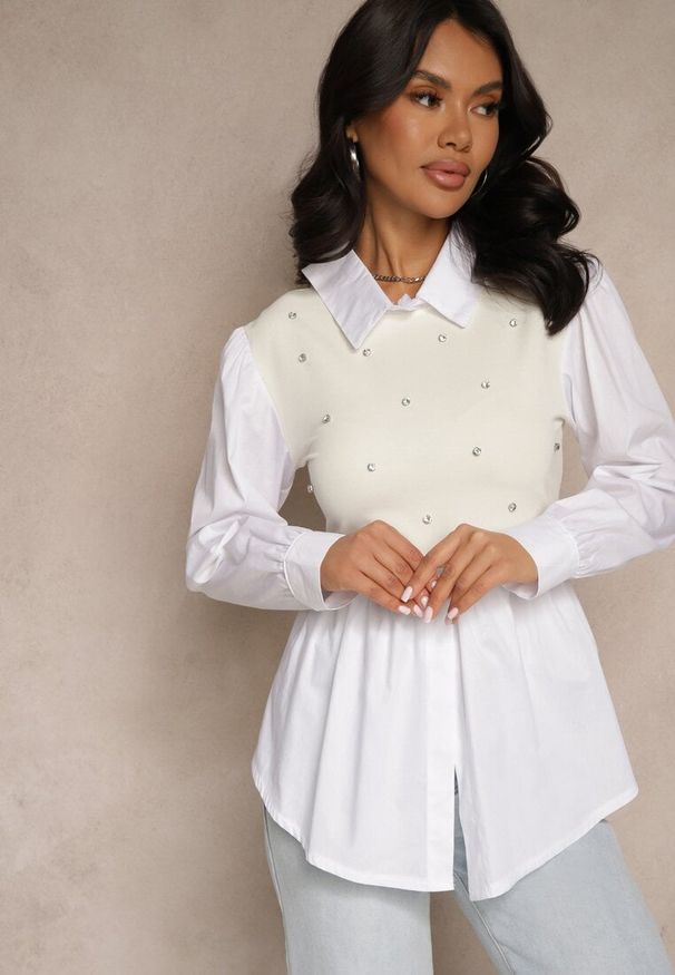 Renee - Jasnobeżowa Koszulowa Bluzka z Wiskozą o Rozkloszowanym Kroju z Wszytą Kamizelką Uliadorella. Okazja: na co dzień. Kolor: beżowy. Materiał: wiskoza. Długość rękawa: długi rękaw. Długość: długie. Wzór: aplikacja. Styl: casual