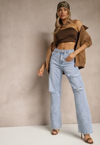 Renee - Niebieskie Szerokie Jeansy High Waist z Ozdobnymi Przetarciami Feleldi. Stan: podwyższony. Kolor: niebieski. Styl: elegancki