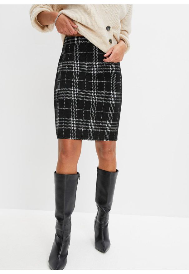 bonprix - Spódnica mini w szkocką kratę. Kolor: czarny. Materiał: żakard