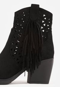 Born2be - Czarne Botki Kowbojki na Stożkowym Obcasie z Ażurowym Wzorem i Eathetina. Okazja: na co dzień. Kolor: czarny. Materiał: jeans. Wzór: ażurowy. Obcas: na obcasie. Styl: boho, casual, elegancki. Wysokość obcasa: średni #2