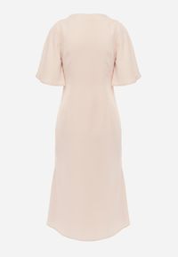 Born2be - Beżowa Koktajlowa Sukienka VICES ze Zwiewnymi Rękawami i Kwiatową Aplikacją 3D Talilia. Okazja: na wesele, na ślub cywilny, na imprezę. Kolor: beżowy. Wzór: aplikacja, kwiaty. Styl: wizytowy #5