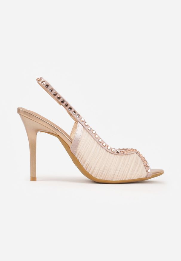 Renee - Szampańskie Sandały Slingback VICES z Siateczki na Szpilce Zdobione Cyrkoniami Aethipe. Okazja: na wesele, na ślub cywilny. Kolor: złoty. Materiał: materiał. Wzór: aplikacja. Sezon: lato. Obcas: na szpilce. Styl: elegancki, glamour