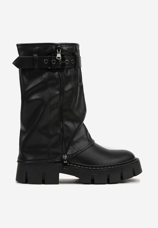 Renee - Czarne Botki Biker Boots z Cholewką Imitującą Nogawkę z Klamerką Veresta. Kolor: czarny. Materiał: koronka. Szerokość cholewki: normalna. Wzór: aplikacja
