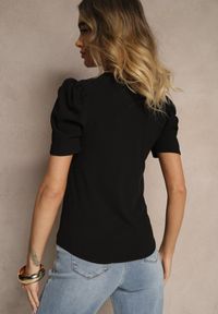 Renee - Czarny T-shirt z Trójkątnym Dekoltem Sunille. Okazja: na co dzień. Kolor: czarny. Materiał: jeans. Styl: casual