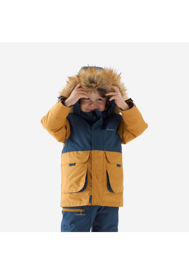 quechua - Parka turystyczna dla dzieci Quechua SH500 Mountain. Typ kołnierza: kołnierzyk stójkowy. Kolor: niebieski, brązowy, żółty, wielokolorowy. Materiał: materiał, futro. Sezon: zima. Styl: sportowy