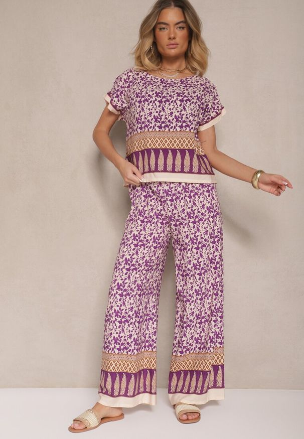 Renee - Fioletowy Komplet z Bawełny w Print Boho Szerokie Spodnie i Koszulka Telanitha. Kolor: fioletowy. Materiał: bawełna. Wzór: nadruk