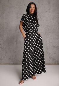 Renee - Czarny Komplet w Groszki Bluzka Wiązana przy Szyi i Spodnie Wide Leg Firerun. Kolor: czarny. Wzór: grochy #1