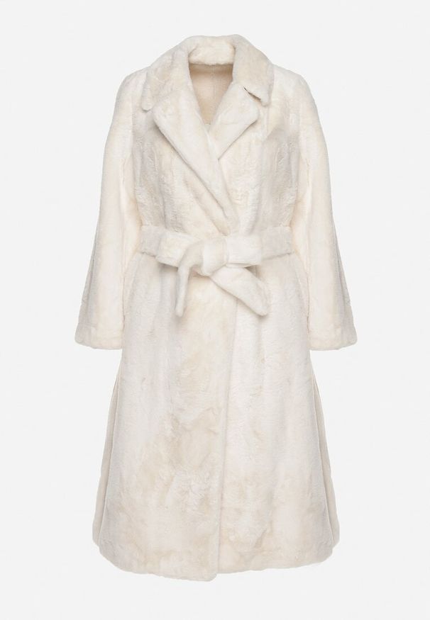 Born2be - Jasnobeżowy Płaszcz Futrzany Dwurzędowy w Stylu Szlafroka Izarethia. Okazja: na co dzień. Kolor: beżowy. Materiał: futro. Długość rękawa: długi rękaw. Długość: długie. Wzór: aplikacja. Styl: wizytowy, casual, elegancki