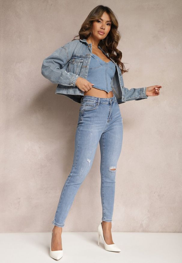Renee - Niebieskie Jeansy z Dziurami i Przetarciami o Fasonie Skinny Klifana. Kolor: niebieski. Styl: rockowy