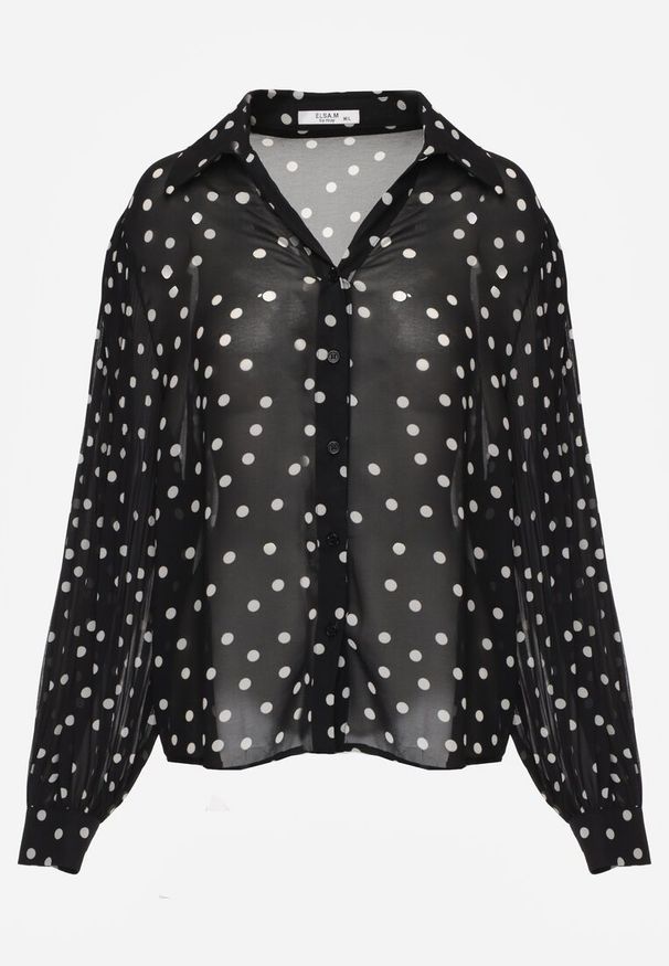 Renee - Czarna Koszula z Wiskozy i Bawełny Zdobiona Groszkami i Plisami na Rękawach Osharus. Okazja: na co dzień. Kolor: czarny. Materiał: wiskoza, bawełna. Wzór: aplikacja, grochy. Styl: casual