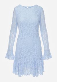 Born2be - Niebieska Sukienka Koronkowa z Rozkloszowanymi Rękawami Cinatea. Okazja: na co dzień. Typ kołnierza: kokarda. Kolor: niebieski. Materiał: koronka. Typ sukienki: proste. Styl: casual #3