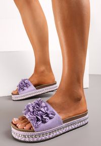 Born2be - Fioletowe Klapki z Kwiatowym Zdobieniem i Nitami Phinelaia. Okazja: na co dzień. Kolor: fioletowy. Wzór: kwiaty, aplikacja. Sezon: lato. Styl: casual, elegancki #1