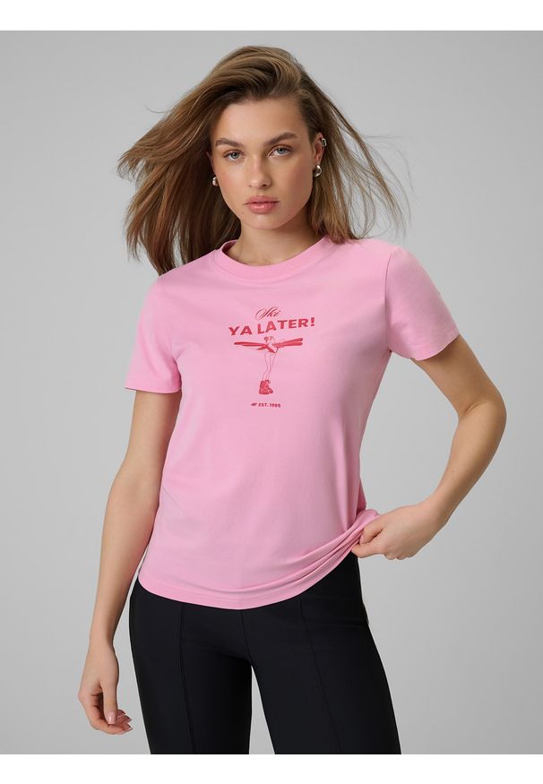 4f - 4F T-shirt regular z nadrukiem damski - różowy XL. Okazja: na co dzień. Kolor: różowy. Materiał: elastan, dzianina, bawełna. Długość rękawa: krótki rękaw. Długość: krótkie. Wzór: nadruk. Styl: casual