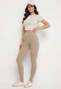 Born2be - Beżowe Klasyczne Legginsy z Wysokim Stanem Melio. Okazja: na co dzień. Stan: podwyższony. Kolor: beżowy. Materiał: materiał. Styl: klasyczny #3