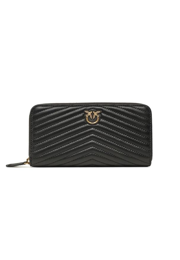 Pinko - PINKO Czarny portfel pikowany Ryder Zip Around. Kolor: czarny. Materiał: skóra