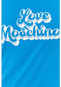 Love Moschino sukienka bawełniana mini prosta. Okazja: na co dzień. Kolor: niebieski. Materiał: bawełna. Długość rękawa: krótki rękaw. Wzór: nadruk. Typ sukienki: proste. Styl: casual. Długość: mini