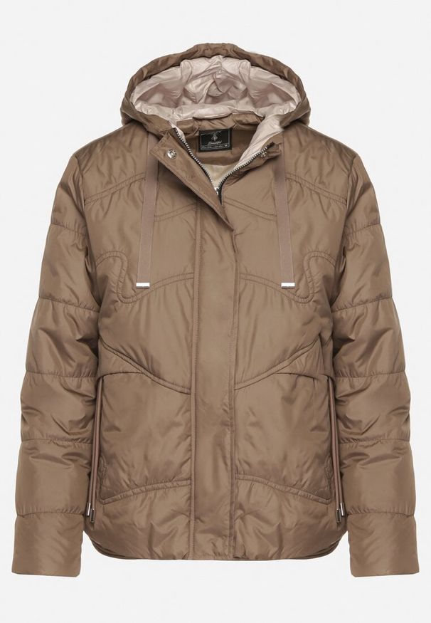 Born2be - Brązowa Casualowa Kurtka z Kapturem i Ozdobnymi Sznurkami Evialinae. Okazja: na co dzień. Typ kołnierza: kaptur. Kolor: brązowy. Materiał: poliester, jeans. Styl: casual