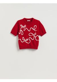 Reserved - Sweter z kokardkami - czerwony. Typ kołnierza: kokarda. Kolor: czerwony. Materiał: dzianina #1