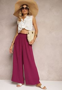 Renee - Bordowe Spodnie High Waist z Szerokimi Nogawkami i Gumką w Pasie Risabessa. Okazja: na co dzień. Stan: podwyższony. Kolor: czerwony. Styl: casual, elegancki