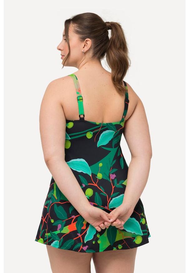 ULLA POPKEN - Damska Sukienka Kąpielowa liście wyjmowane miękkie miseczki z recyklingu. Kolekcja: plus size. Kolor: czarny. Materiał: elastan, poliamid, materiał