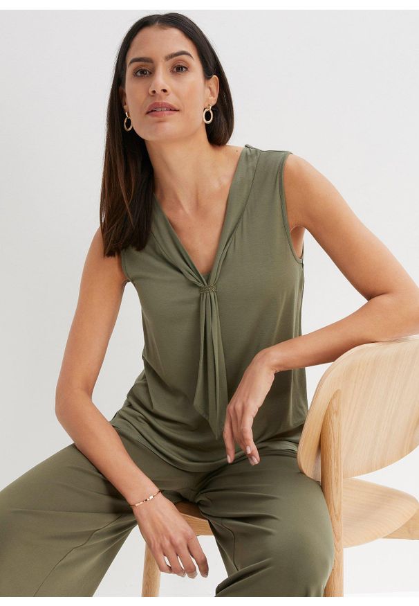bonprix - Top z krawatką. Kolor: zielony. Styl: elegancki