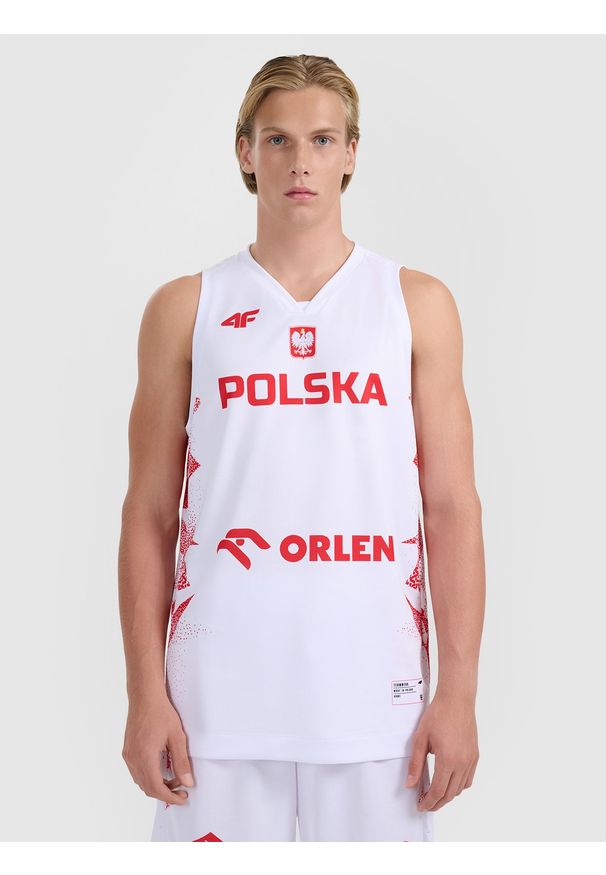 4f - 4F Koszulka reprezentacyjna z możliwością personalizacji męska 4F x PZKOSZ - biała 3XL. Typ kołnierza: dekolt w serek. Kolor: biały. Materiał: włókno, syntetyk, materiał. Wzór: nadruk, napisy. Styl: klasyczny, sportowy