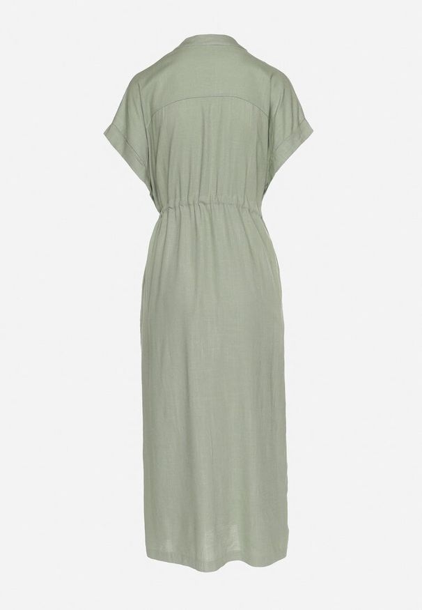 Born2be - Zielona Bawełniana Sukienka z Koszulową Górą i Ściągaczem w Talii Vikleta. Okazja: na co dzień. Typ kołnierza: dekolt w kształcie V. Kolor: zielony. Materiał: bawełna. Typ sukienki: koszulowe. Styl: klasyczny, casual